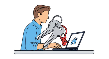 Man searching for a new home online using a laptop computer.