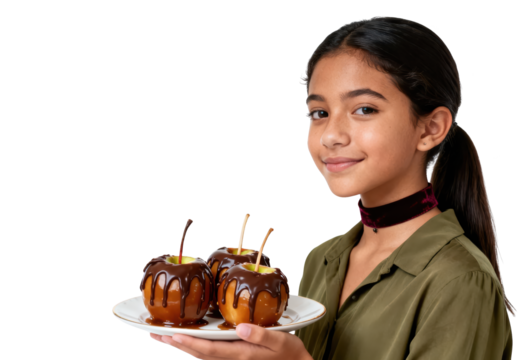 Smiling Girl Holding Caramel Apples Isolated on White Background