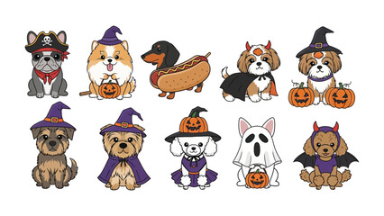 Obraz premium Halloween Pup Parade: An adorable gathering of costumed dogs, each sporting unique and festive Halloween attire. Capturing the playful spirit of the spooky season.