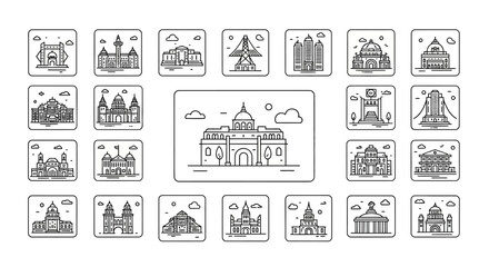 Architectural sketches of various buildings and landmarks in a grid.
