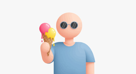 3D cartoon character with sunglasses eating a melting ice cream cone.