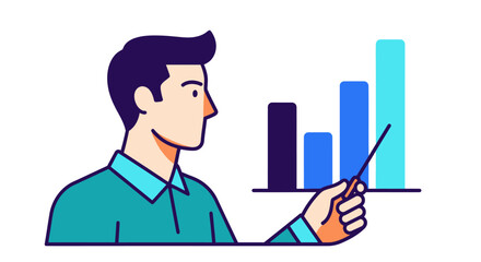 Businessman presenting data analysis with a bar chart illustration.