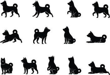 Black silhouette dog poses set featuring Shiba Inu breed in various actions like walking, sitting, lying down, stretching, and standing.