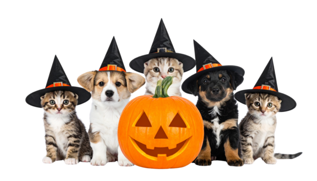 Set of Cute Kittens and Puppies in Witch Hats with Halloween Pumpkin Isolated on Transparent Background PNG - Powered by Adobe