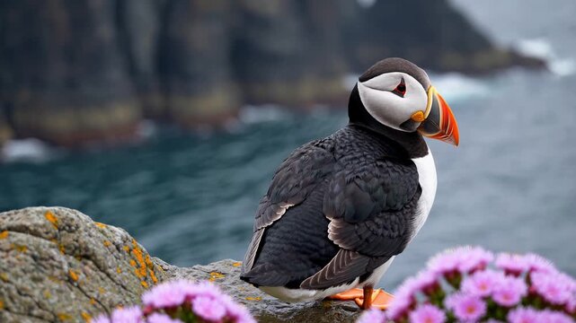 Close-up of an atlantic puffin (Fratercula arctica) perched on a rocky cliff edge overlooking the rough ocean, representing marine wildlife, northern habitat, and coastal birdlife