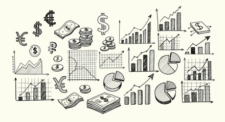 Financial data and currency symbols seamless pattern hand drawn sketch style pattern