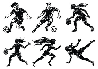 Dynamic Basketball and Soccer Player Silhouette Vector Set – Male and Female Athletes in Action
