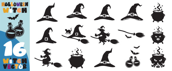 Collection of halloween icons featuring witch hats cauldrons brooms and potion bottles in a silhouette style for festive decoration