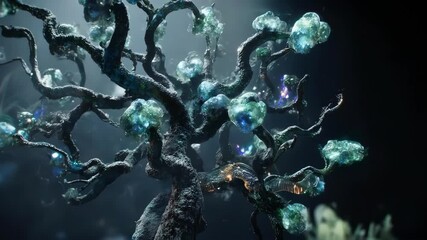 Dynamic abstract visualization of microscopic interconnected elements and glowing cells, representing complex biological processes or futuristic data networks - Powered by Adobe