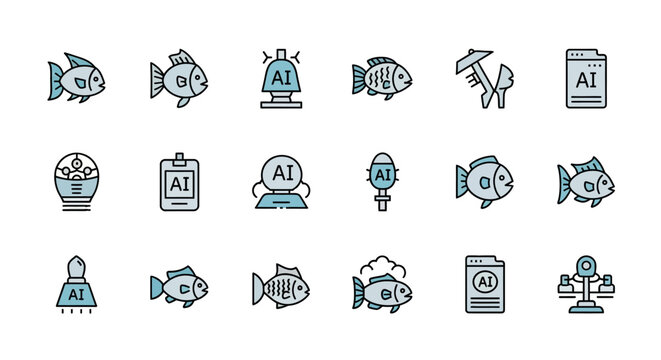 Collection of AI related icons and fish illustrations.