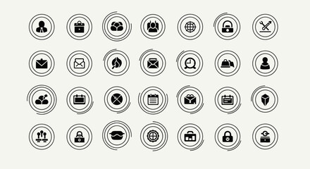 Collection of Circular Icons for Business and Technology.