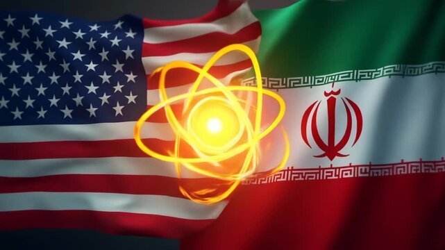 USA and Iran conflict concept with atom symbol, tension between USA and Iran over nuclear weapon development, flags of USA and Iran divided by glowing atom symbol, geopolitical clash