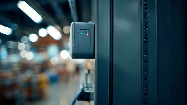 Closeup of smart shelf sensor detecting stock levels with blurred background showing retail products highlighting advanced inventory monitoring technology.