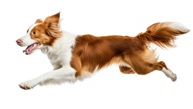 A lively border collie joyfully leaps through the air against a white background. its agility and playful nature. ideal for pet-related content and marketing - Powered by Adobe