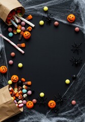Halloween Candy with Spiders and Webs on Dark Background, Flat Lay