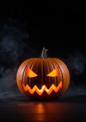 Glowing Jack-o’-Lantern with Smoke Effect on Black Background