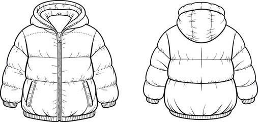 Technical fashion flat, hooded puffer jacket front and back view, vector illustration, apparel design template, quilted sections, zipper closure, ribbed cuffs, hem