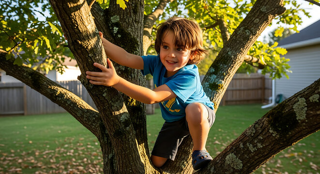 A smiling young boy is climbing a tree in a grassy backyard on a sunny day enjoying a moment of childhood adventure and outdoor fun
