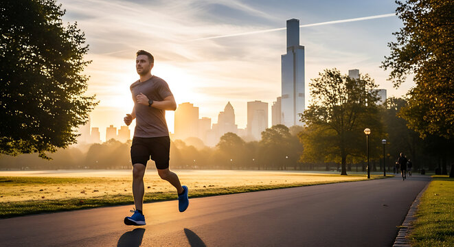Morning run in the park with city skyline A man is jogging on a path as the sun rises casting a warm glow over the scene