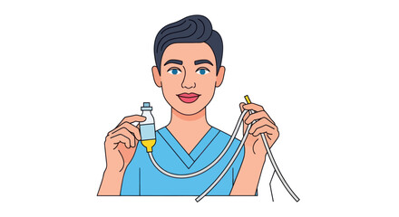 Young male nurse in blue scrubs holding an intravenous drip bag.