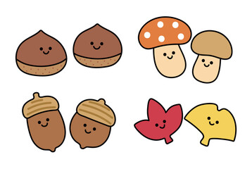 A cute set of cartoon autumn elements. Character illustrations of chestnuts, mushrooms, acorns, maple trees, and ginkgo trees. Perfect for educational materials, stickers, and seasonal designs.