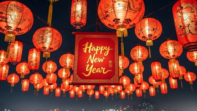 Vibrant Chinese New Year Lanterns with 'Happy New Year' Banner at Night - Powered by Adobe