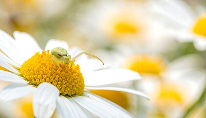 Close-up of a lime-green spider on a daisy