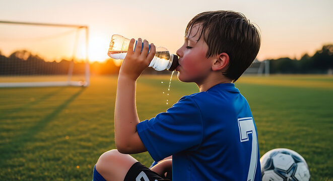 Young soccer player hydrating after a game on a field with the sunset in the background wearing uniform and holding a soccer ball - Powered by Adobe