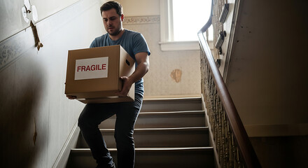 Man carefully moving a fragile box up weathered light - filled stairs in a worn home showcasing a blend of caution and domesticity