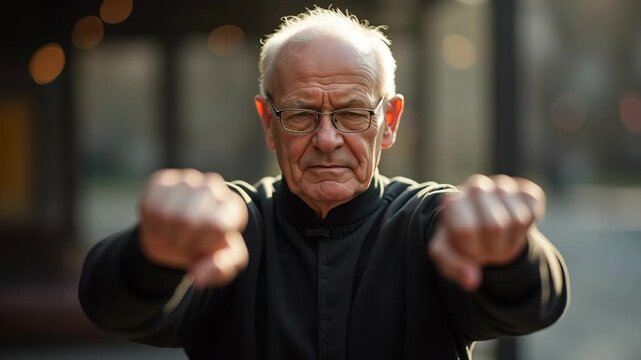Focused elderly man performing slow, graceful movements of tai chi chuan, promoting balance and well-being 