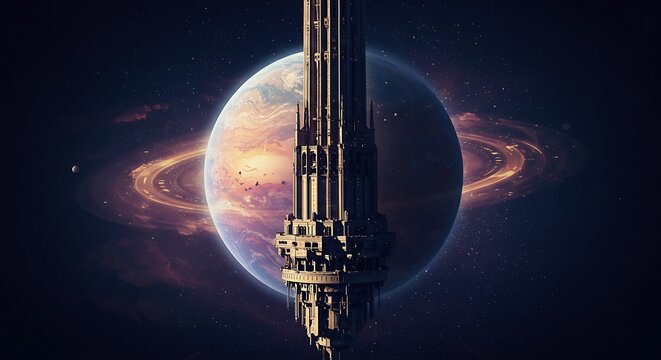 A majestic and epic sci-fi digital painting of a massive space elevator or citadel tower extending from a planet into the cosmos, silhouetted against a giant ringed planet and starry nebula - Powered by Adobe
