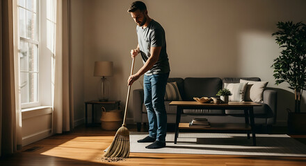 Man sweeping wooden floor in a sunlit living room Doing household chores maintaining a clean tidy home Focused on task at hand