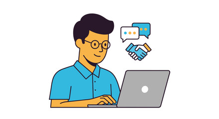 Young professional man working on a laptop with communication icons.