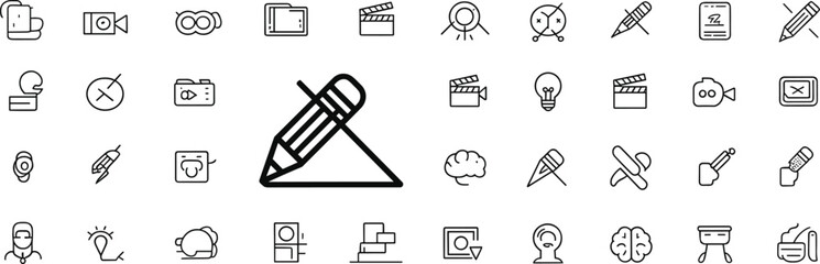 Creative design icon set, black and white grid of writing, thinking, media, and interface symbols, cad drawing flat vector illustration
