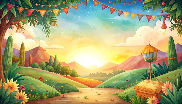 Colorful cartoon landscape at sunrise