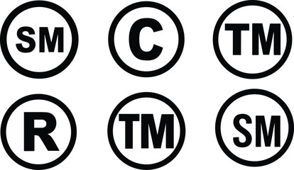 Intellectual property symbols set, copyright, trademark, service mark icons, legal designations, black contour, white background, minimal style, business law visuals