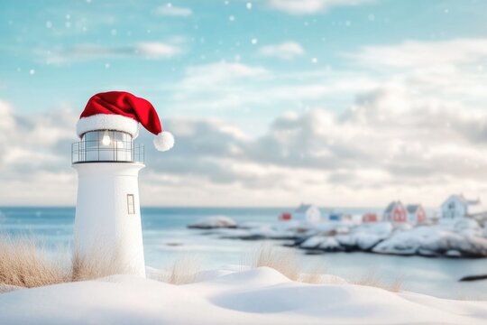 Festive lighthouse with santa hat in winter coastal scene - Powered by Adobe