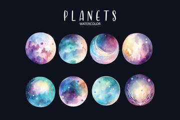 different planets set collection vector , watercolor in black isolated background