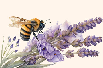 Bee on lavender flower watercolor on isolated background, vector illustration