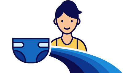 Cartoon of smiling person and diaper with blue curves below