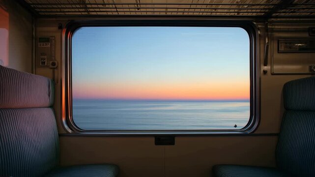 静かな海沿い電車の窓に広がる朝焼け空の景色