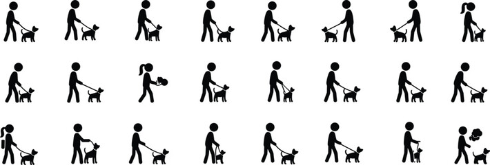 Naklejka premium Dog walking silhouette icons grid, everyday activity figures, leash interaction, black contour, white background, minimal style, pet companionship design