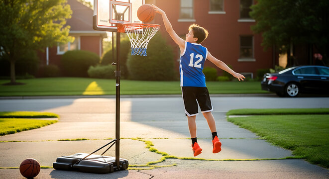 A young boy wearing a basketball jersey is shooting a basketball into a net on an outdoor basketball hoop in a residential neighborhood