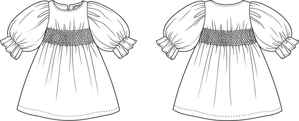 Technical fashion flat, girls dress front and back view, vector illustration, apparel design template, smocked bodice, puff sleeves, ruffle cuffs, gathered skirt