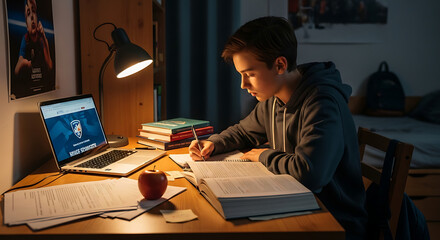 Teenager studying at desk with open book laptop and lamp Focused engaged late night study session Preparing and studying for exams