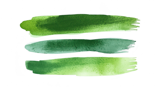 A set of three horizontal watercolor brush strokes in varying shades of green. the fluidity and texture of paint. ideal for backgrounds or artistic projects