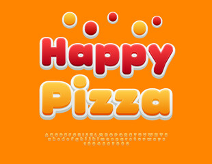Vector Culinary poster Happy Pizza. Cute Orange Font. Funky Round Alphabet Letters and Numbers set.