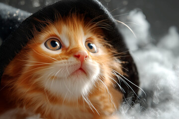 A bright red kitten in a witch's hat, Halloween Day concept.
