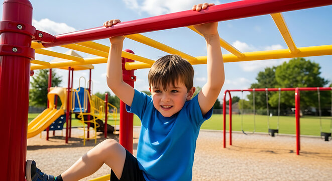 Boy enjoys playing on monkey bars at a playground smiling brightly and showing his enthusiasm for outdoor activities on a sunny day - Powered by Adobe