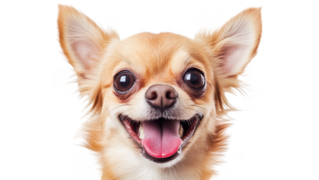A cheerful Chihuahua with a big smile and bright eyes. its playful personality against a clean white background. perfect for pet-themed marketing or social media